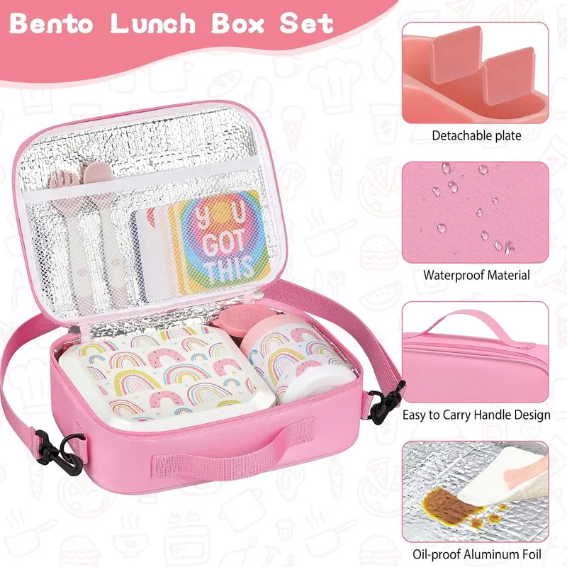 Kids Bento Lunch Box Set – 5 Compartment Leak-Proof Food Container with 12oz Soup Thermos & Insulated School Lunch Bag