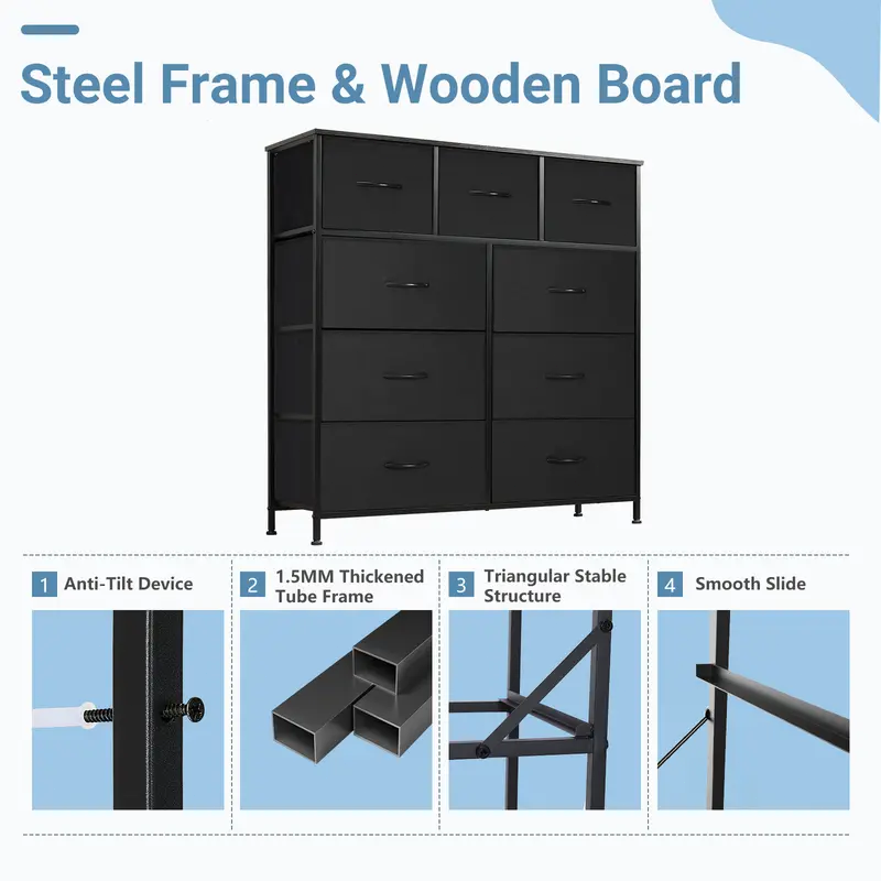 9 Drawer Storage Tower with Fabric Bins, Sturdy Metal Frame Dresser Organizer for Bedroom, Closet, and Home