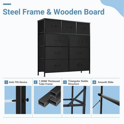 9 Drawer Storage Tower with Fabric Bins, Sturdy Metal Frame Dresser Organizer for Bedroom, Closet, and Home
