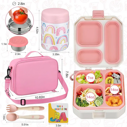 Kids Bento Lunch Box Set – 5 Compartment Leak-Proof Food Container with 12oz Soup Thermos & Insulated School Lunch Bag