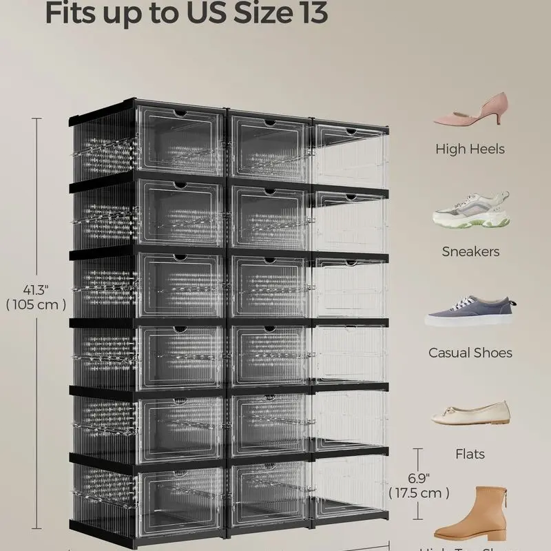 ✅ 3-Layer Transparent Storage Organizer, 6-Cube Foldable Stackable Shoe Rack, Portable Closet Storage Cabinet for Home, Bedroom & Small Spaces