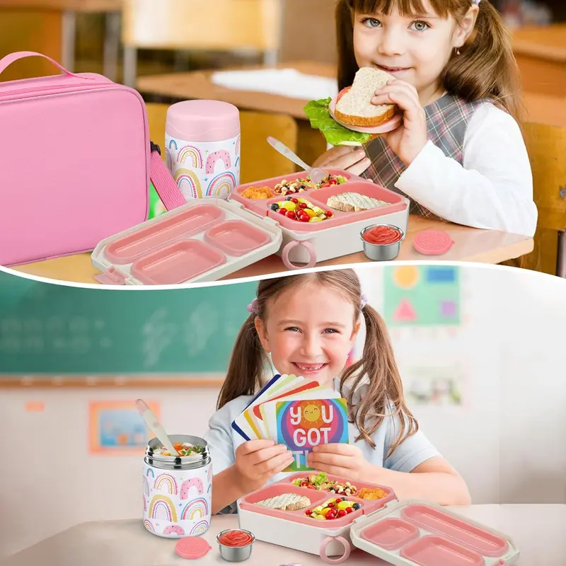 Kids Bento Lunch Box Set – 5 Compartment Leak-Proof Food Container with 12oz Soup Thermos & Insulated School Lunch Bag