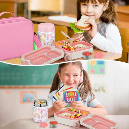 Kids Bento Lunch Box Set – 5 Compartment Leak-Proof Food Container with 12oz Soup Thermos & Insulated School Lunch Bag