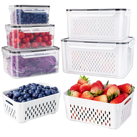 5-Pack Refrigerator Storage Organizer Bins, Stackable Food Containers with Removable Drain Colanders, BPA-Free Fresh-Keeping Containers for Fruits, Vegetables & Meat