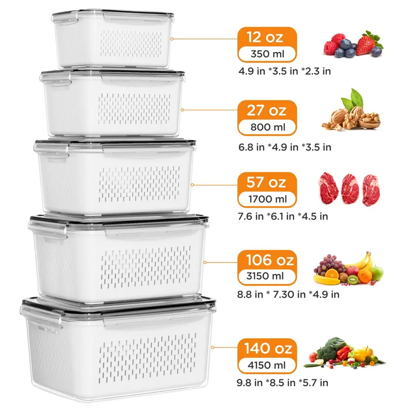 5-Pack Refrigerator Storage Organizer Bins, Stackable Food Containers with Removable Drain Colanders, BPA-Free Fresh-Keeping Containers for Fruits, Vegetables & Meat