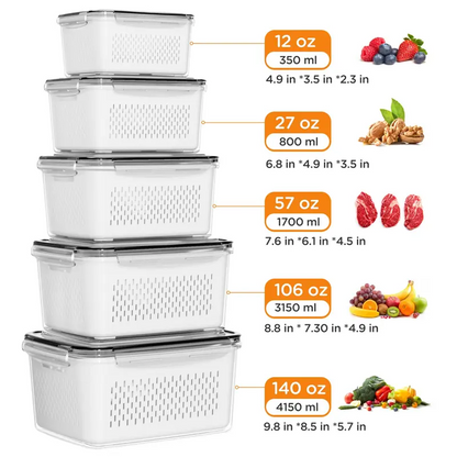 5-Pack Refrigerator Storage Organizer Bins, Stackable Food Containers with Removable Drain Colanders, BPA-Free Fresh-Keeping Containers for Fruits, Vegetables & Meat